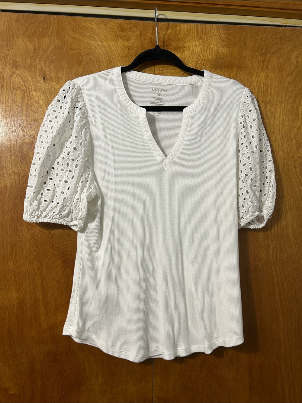 Nine West White Eyelet Puff Sleeve Knit Top